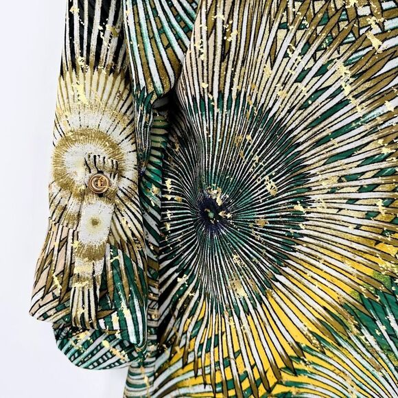 New Directions Sunburst Fireworks Blouse Womens Size Large Green Gold Yellow - Picture 10 of 11